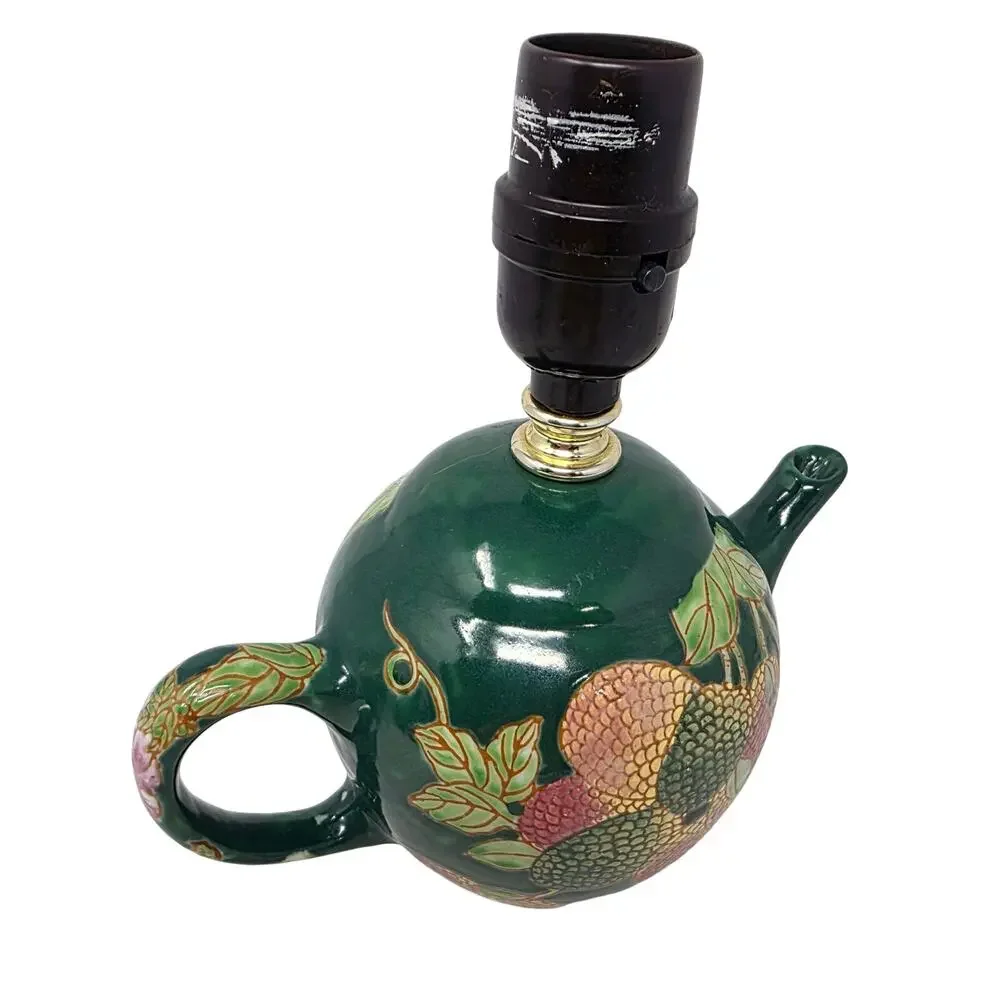 Vintage Ceramic Teapot Lamp Raised Fruit Green Chinoiserie Table Light
